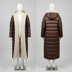 quilted puffer coat in brown shown front and back, long insulated women’s winter outerwear with hood