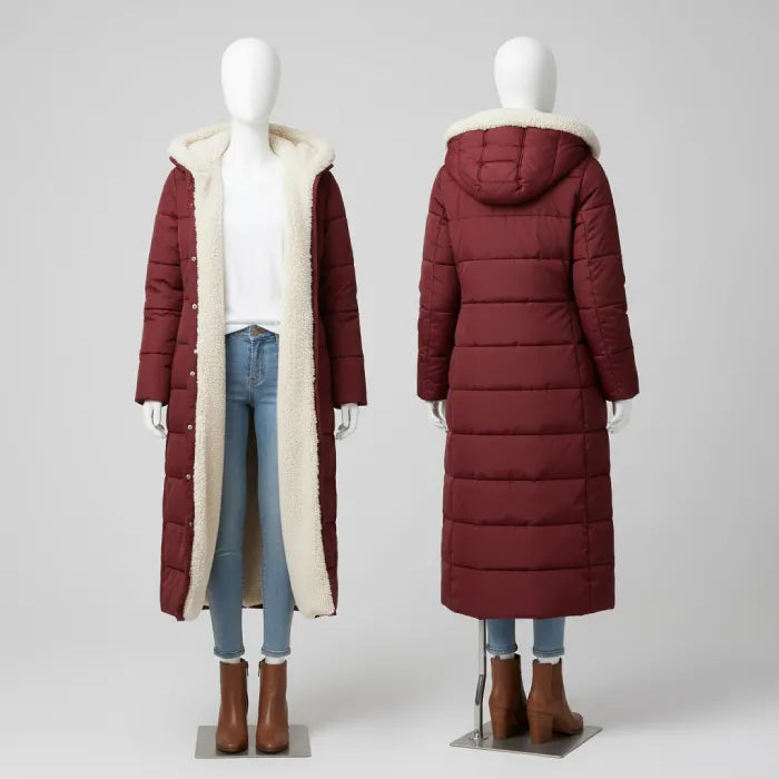 quilted puffer coat in burgundy shown front and back, long women’s winter outerwear built for warmth