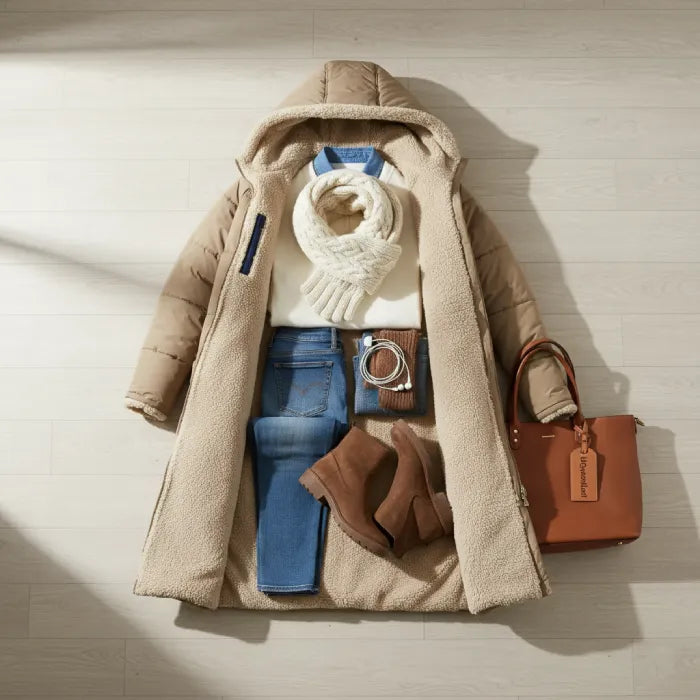 quilted puffer coat styled in flat lay outfit with boots and bag, long women’s winter coat for casual wear