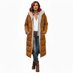 quilted puffer coat in camel with long insulated construction, women’s winter outerwear designed for warmth and comfort
