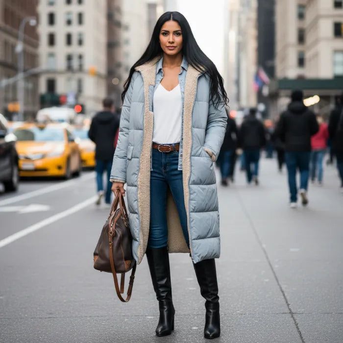 quilted puffer coat in gray for city walking, long women’s winter outerwear offering lightweight insulation and comfort