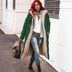 quilted puffer coat in green worn for everyday city style, long women’s winter outerwear offering warmth