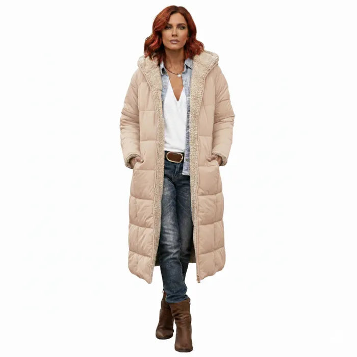 quilted puffer coat in beige with long padded silhouette, women’s winter coat built for warmth and casual style