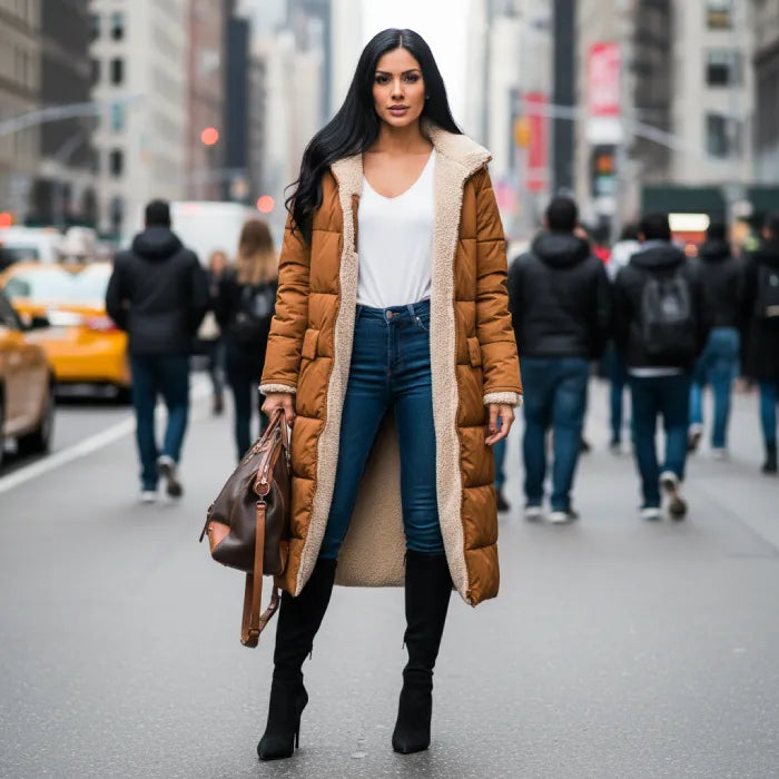 quilted puffer coat in brown styled for winter streets, long women’s insulated coat combining warmth durability and fashion