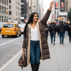 quilted puffer coat in brown worn downtown, long women’s winter outerwear designed for warmth durability and style