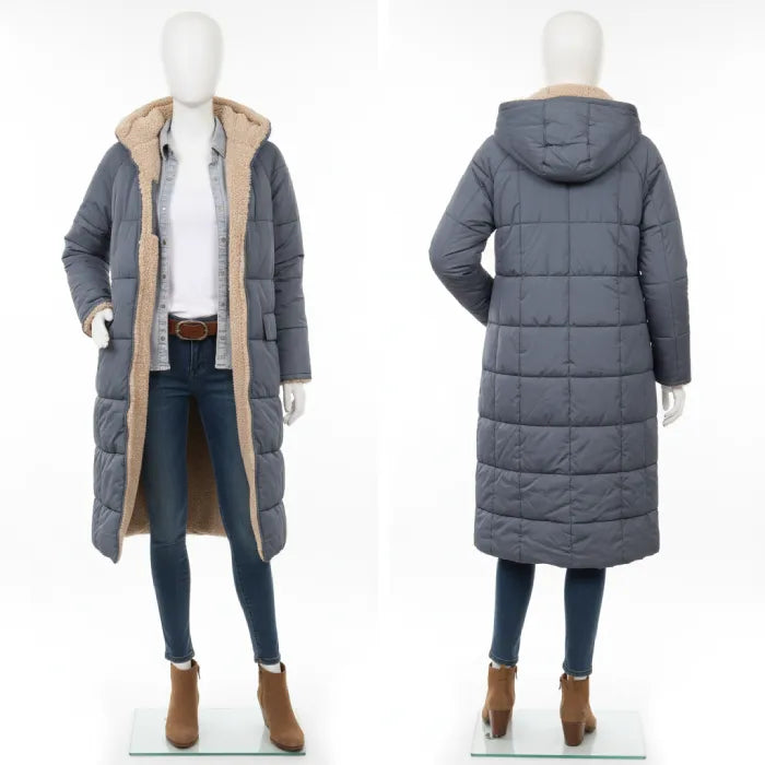 quilted puffer coat in gray displayed front and back, long women’s winter coat featuring insulated quilted construction