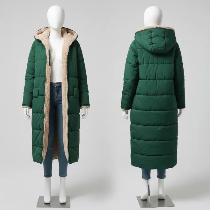 quilted puffer coat in green displayed front and back, long women’s winter coat with insulated quilting