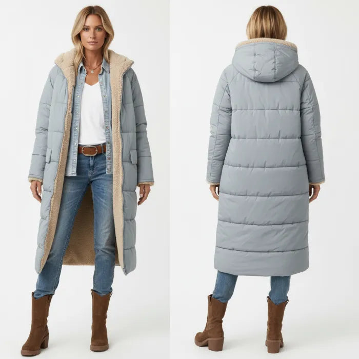 quilted puffer coat in light gray shown front and back, long insulated women’s winter outerwear with hood