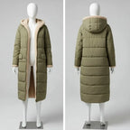 quilted puffer coat in olive green shown front and back, long insulated women’s winter coat with hood