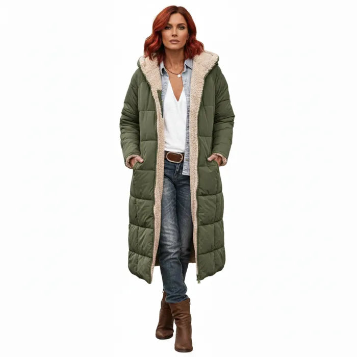 quilted puffer coat in olive featuring long quilted design, women’s insulated winter coat made for warmth and comfort