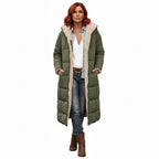 quilted puffer coat in olive featuring long quilted design, women’s insulated winter coat made for warmth and comfort