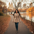 Quilted puffer jacket beige worn by woman walking in fall park, offering warm stylish winter coat look with city fashion appeal