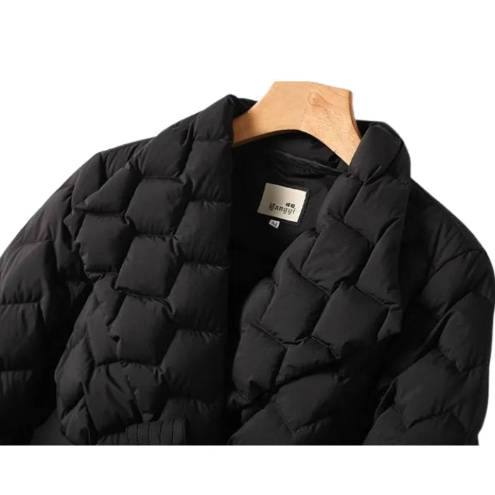 Quilted puffer jacket black collar detail with textured quilting and warm padding, providing premium winter coat appeal for viewers