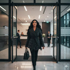 Quilted puffer jacket black worn by woman entering office, showing warm premium winter coat style with chic professional fashion