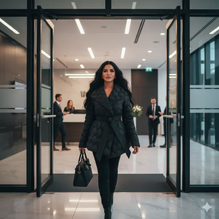Quilted puffer jacket black worn by woman entering office, showing warm premium winter coat style with chic professional fashion