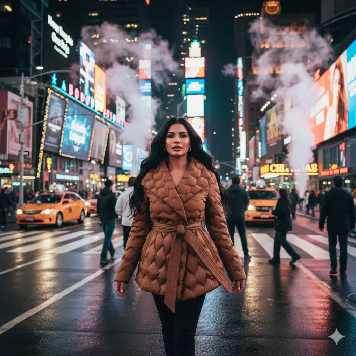 Quilted puffer jacket caramel worn by woman in city street at night, showing warm stylish winter coat look with modern fashion vibe
