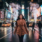 Quilted puffer jacket caramel worn by woman in city street at night, showing warm stylish winter coat look with modern fashion vibe
