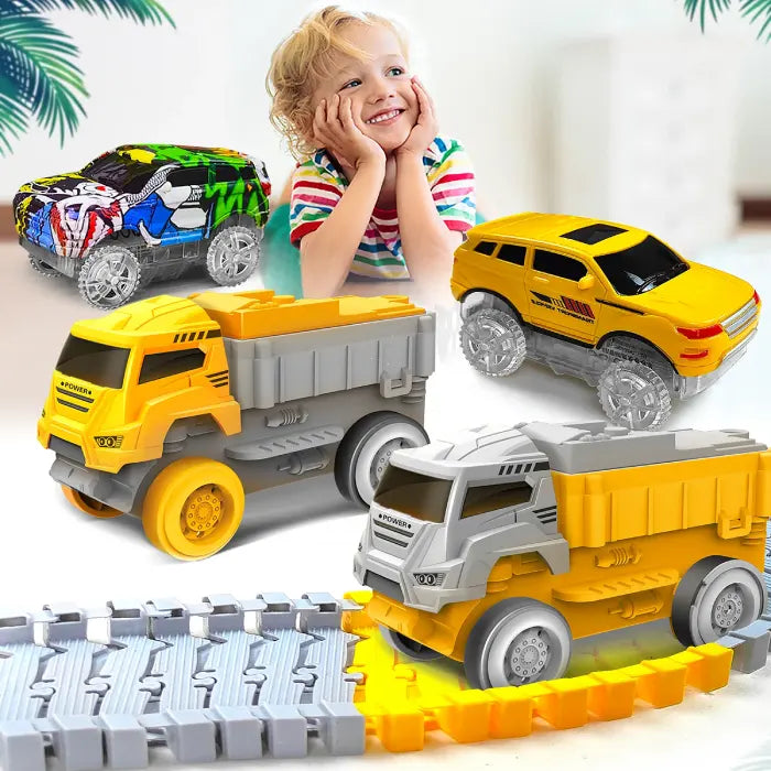 Race car toy set with a yellow dump truck, jeep, and graffiti car, alongside a smiling child.