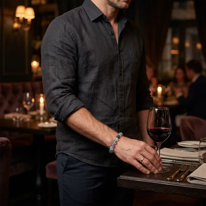 Rainbow Fluorite Crystal Bracelet styled with formal outfit at dinner, green purple beads adding refined elegance and confident charm