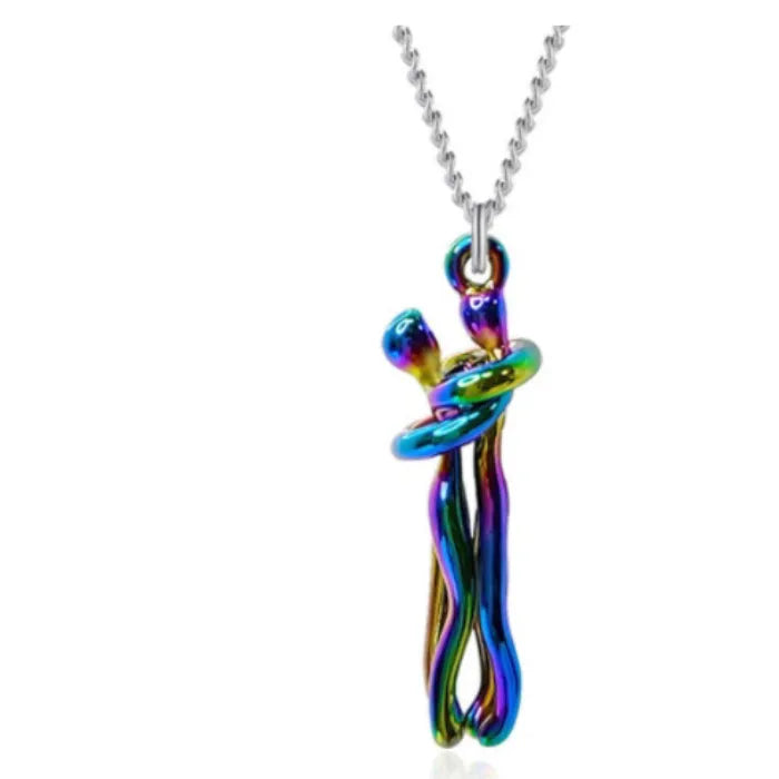 Unique rainbow-colored couple hug pendant necklace featuring a vibrant abstract and modern romantic design.