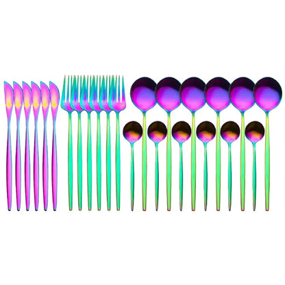  Iridescent rainbow finish dining set featuring modern design knives, forks and spoons