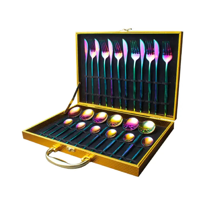  Iridescent rainbow finish cutlery set in luxury gold case