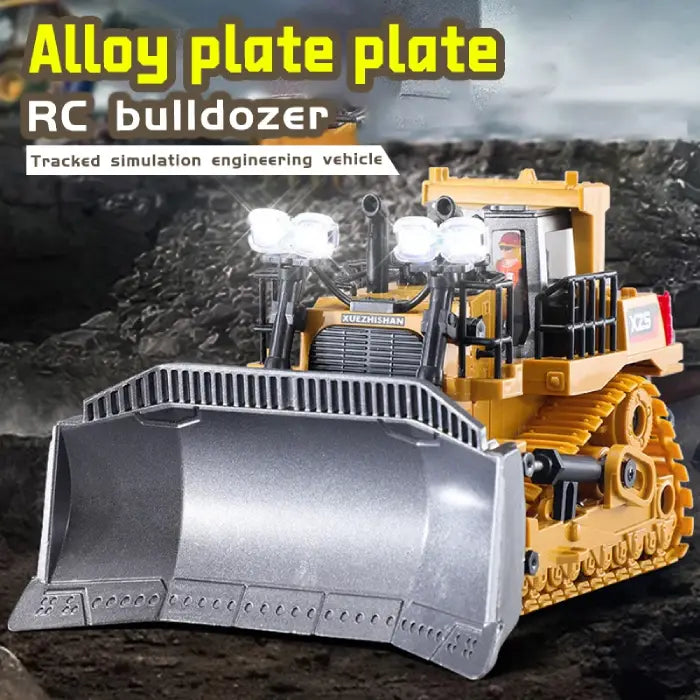 RC bulldozer toy with alloy tracked design, headlights, and simulated engineering functionality.