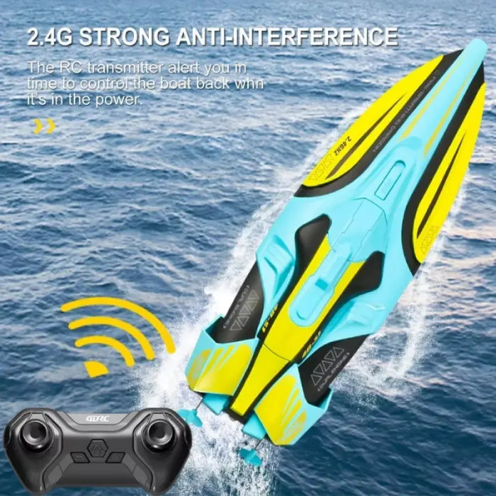 rc speed boat with 2.4G strong anti-interference control; reliable transmitter keeps connection stable for racing runs.!