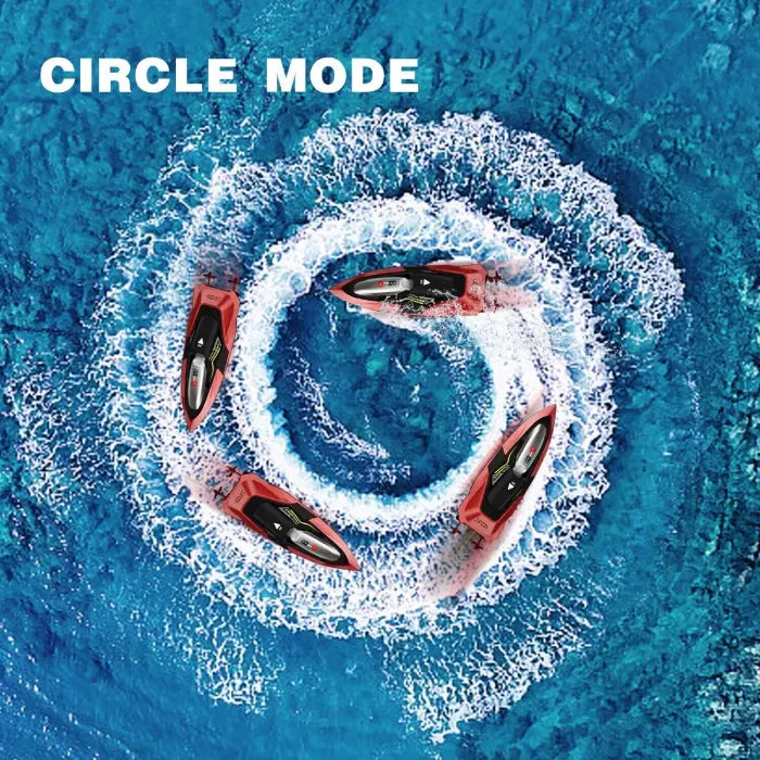 RC speed boat demonstrating circle mode in ocean creating perfect white ring on blue water.
