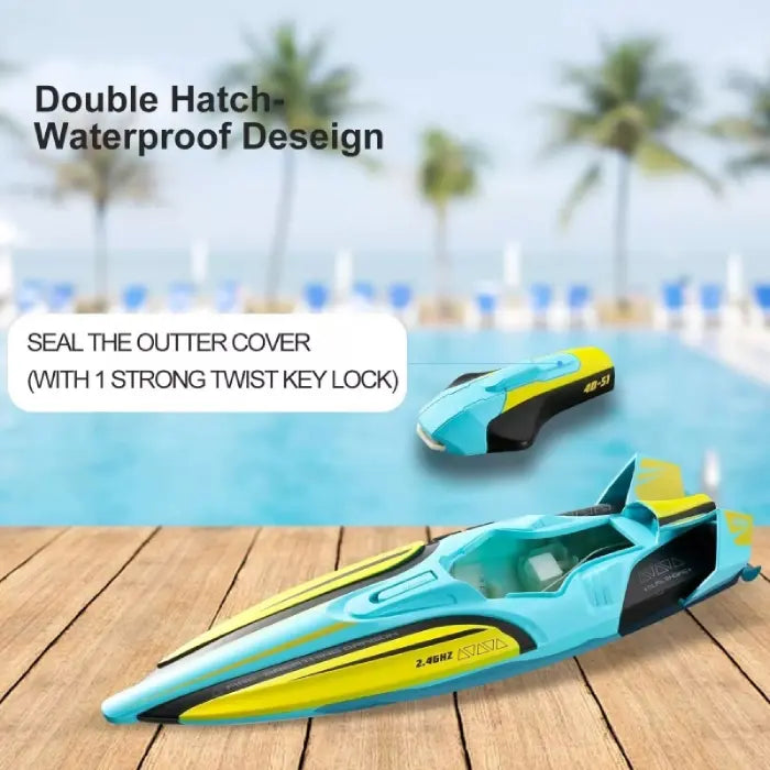 rc speed boat with double hatch waterproof design; twist-lock seal keeps electronics safe for pool, lake, and beach use.