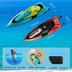 RC speed boat in two colors with size specs, USB charging port and full-sealed waterproof design.