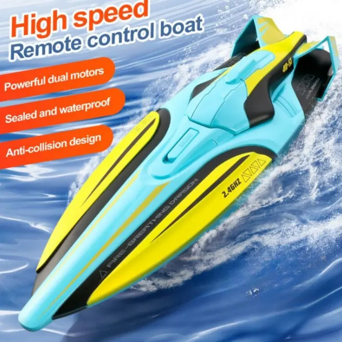 rc speed boat racing fast on water; dual motors, sealed hull and anti-collision design highlighted for kids and adults. ok