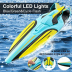 rc speed boat with colorful LED lights, blue green and cycle flash for visibility at dusk; bright hull strips guide run.