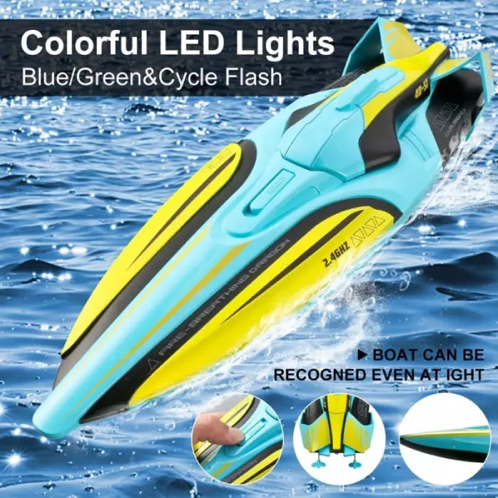 rc speed boat with colorful LED lights, blue green and cycle flash for visibility at dusk; bright hull strips guide run.