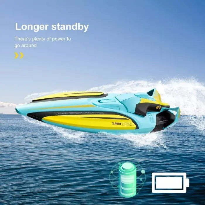 rc speed boat with longer standby power; two rechargeable batteries keep the 2.4GHz high speed fun going across water!!!