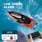 RC speed boat with low power alarm notification and range alert of 263ft with hands on remote.