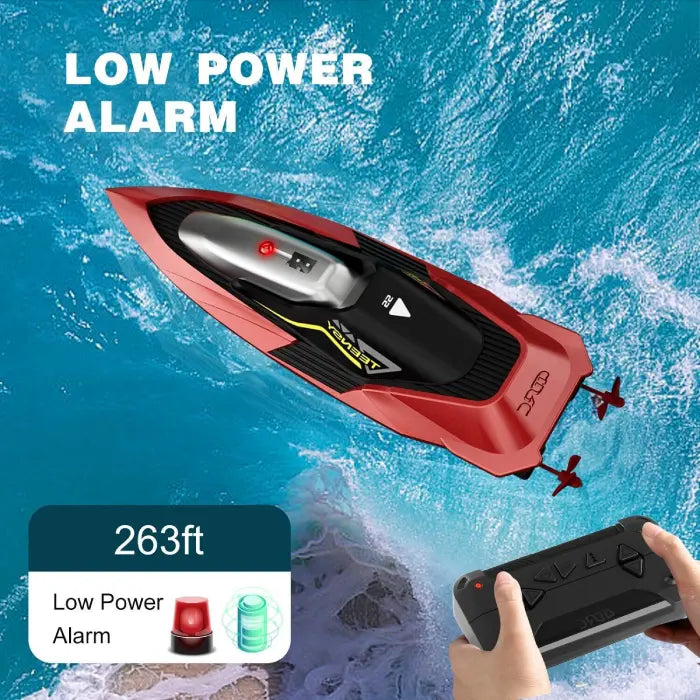 RC speed boat with low power alarm notification and range alert of 263ft with hands on remote.