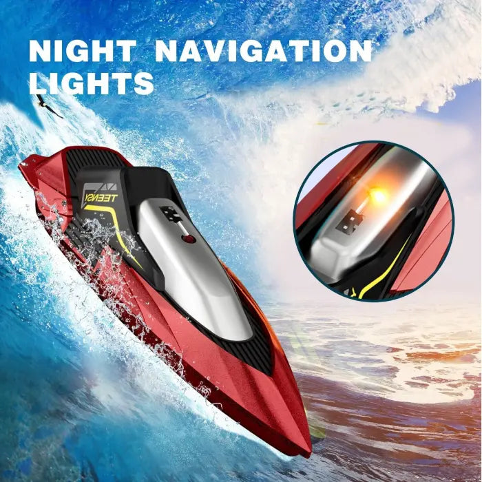 RC speed boat with night navigation lights shown in action and close-up of LED glowing on top.
