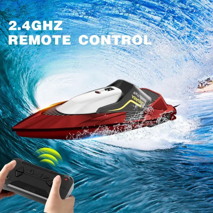 RC speed boat operated with 2.4GHz remote control on water with large wave in background.