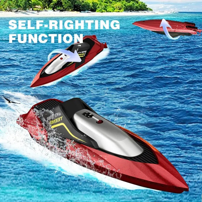 RC speed boat flipping itself upright using self-righting function over tropical ocean waves.