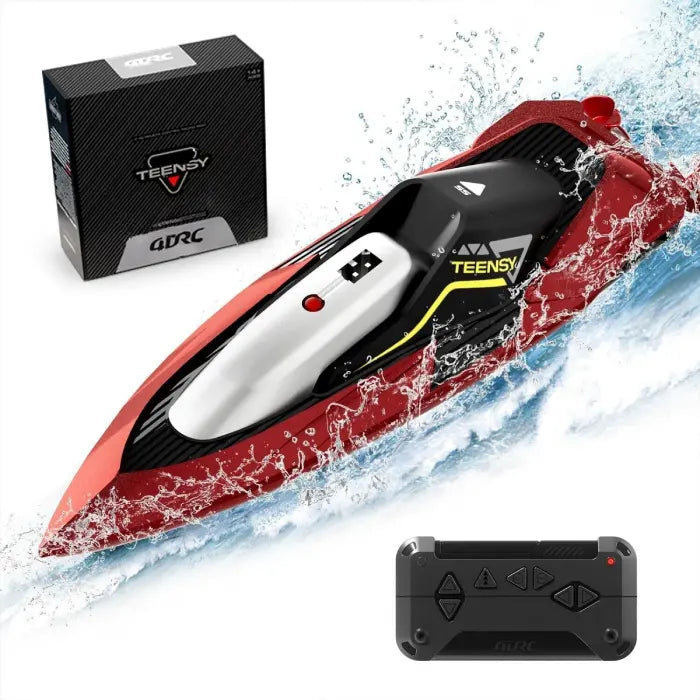 RC speed boat with remote control and branded packaging splashing through water at high speed.