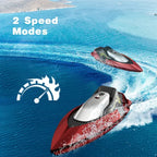 RC speed boat showing two speed modes while racing across open water with motion trails.