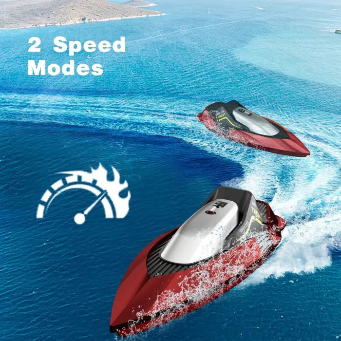 RC speed boat showing two speed modes while racing across open water with motion trails.