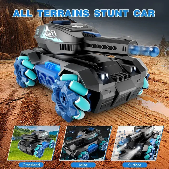 RC tank that shoots across grassland, mire, and surfaces with off-road stunt wheels.
