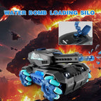 RC tank that shoots shown with water bomb loading silo and explosive background effects.
