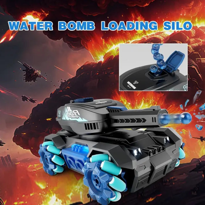 RC tank that shoots shown with water bomb loading silo and explosive background effects.