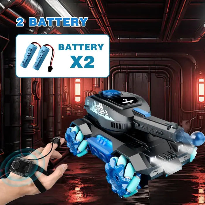 RC tank that shoots includes two rechargeable batteries and gesture control glove for longer play.