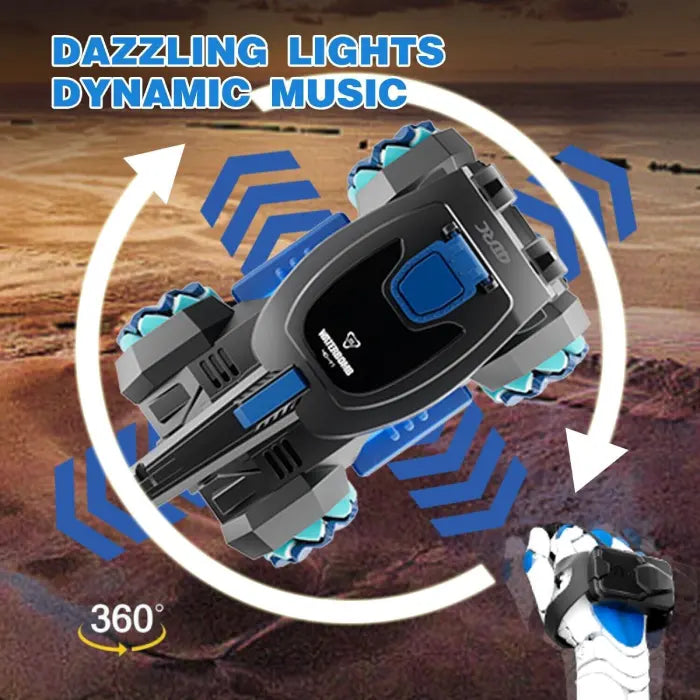 RC tank that shoots with 360° spin, dazzling lights, and gesture-controlled hand remote.