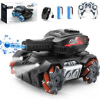 RC tank that shoots water bullets in red variant with remote, batteries, and bright headlights.