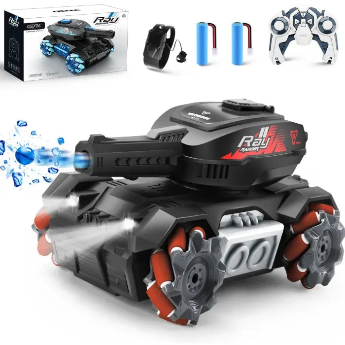 RC tank that shoots water bullets in red variant with remote, batteries, and bright headlights.
